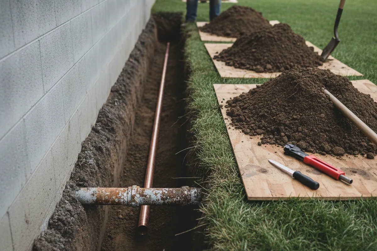 Excavated water line trench during Sewer Line Repair in Elko